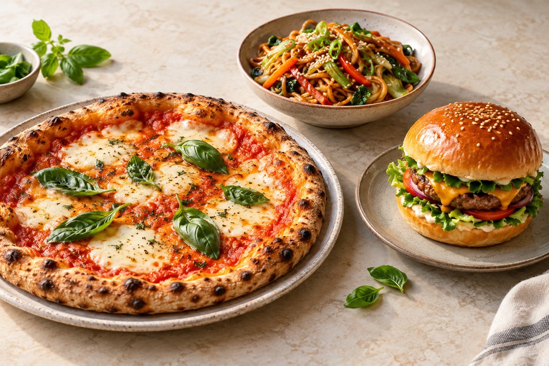 Pizza, stir-fried noodles and a burger on a table